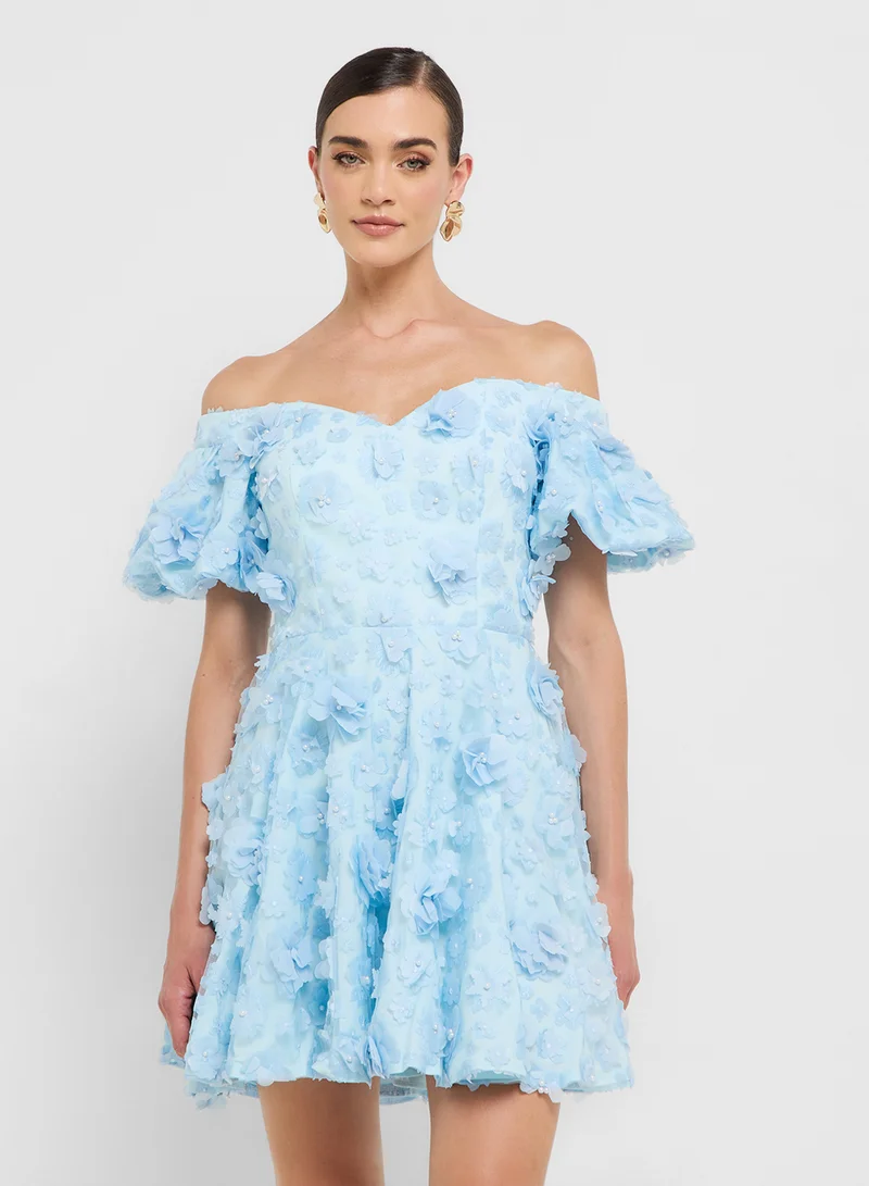 Ginger Boutique eclat luxe puff sleeves 3d floral applique dress