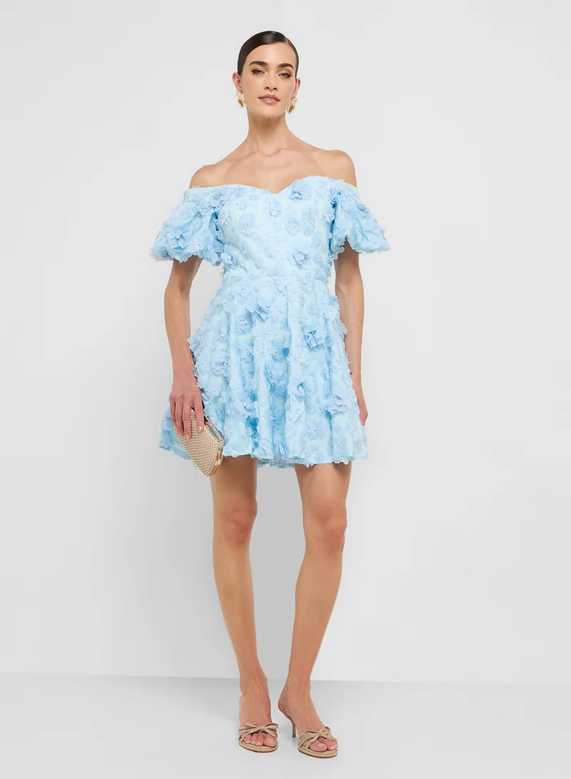 Ginger Boutique eclat luxe puff sleeves 3d floral applique dress