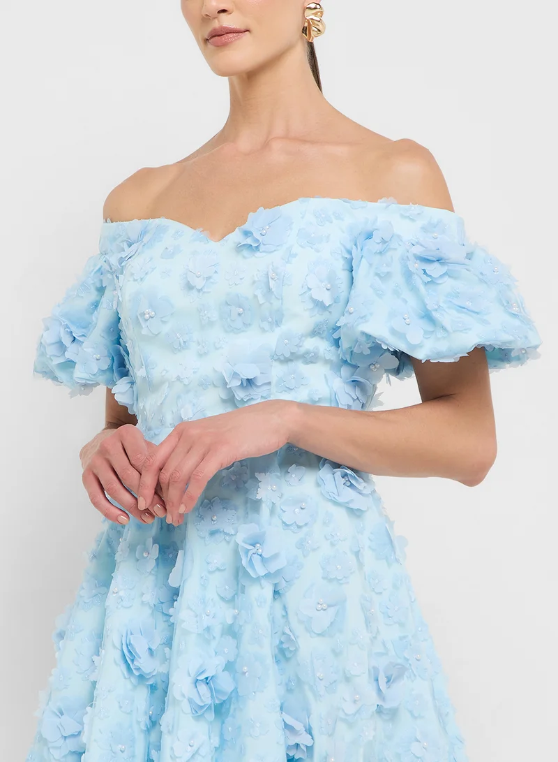 Ginger Boutique eclat luxe puff sleeves 3d floral applique dress