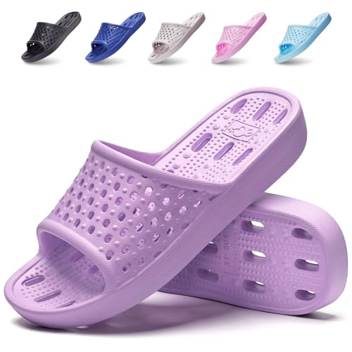 Xomiboe Shower Shoes Women Non Slip Shower Slippers Sandals Slides With Holes for College Dorm Bathroom Girls Comfortable Bath Spa Gym Cute Flip Flops (Purple,EU 36-37) - Image 1
