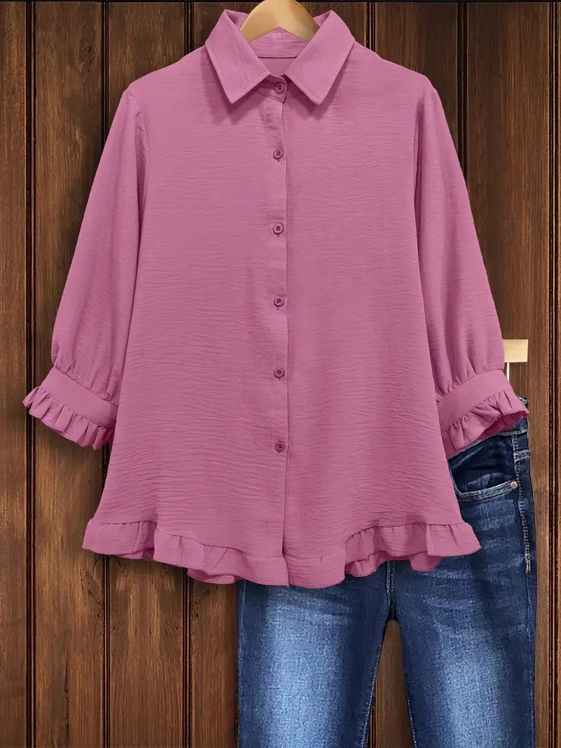 Women's Solid Color Ruffle Patchwork Blouse - Image 4