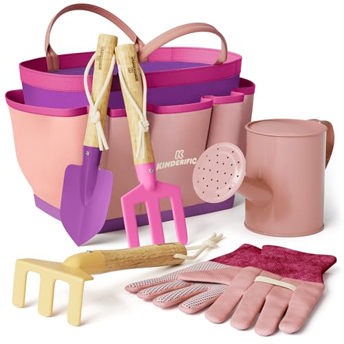 Kinderific Gardening Set Tool Kit for Kids STEM Includes Tote Bag Spade Watering Can Rake Fork Trowel and Gloves Princess Pink - Image 1