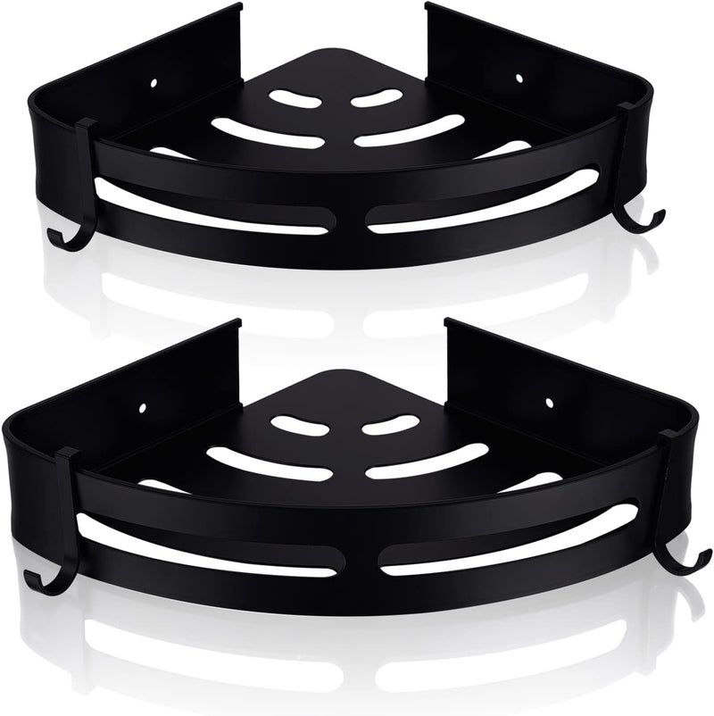 SHUTTLE ART 2 Pack Corner Shower Shelf Caddy Wall Mounted Organization Bathroom Triangle Shampoo Holder with 4 Hooks Matte Black Wall Mounted Adhesive Shower Caddy Basket Organiser for Bathroom - Image 1