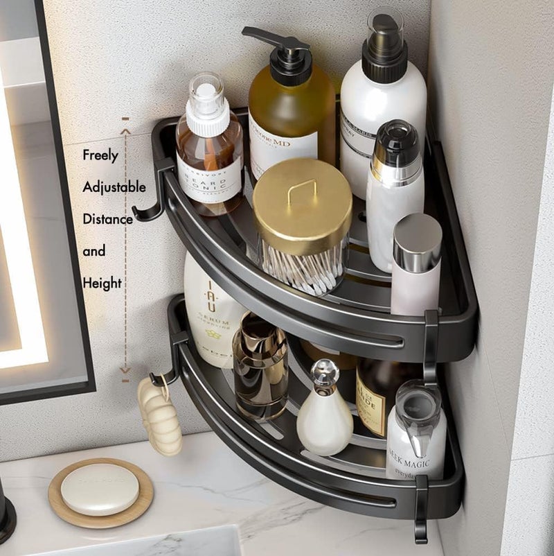 SHUTTLE ART 2 Pack Corner Shower Shelf Caddy Wall Mounted Organization Bathroom Triangle Shampoo Holder with 4 Hooks Matte Black Wall Mounted Adhesive Shower Caddy Basket Organiser for Bathroom - Image 2