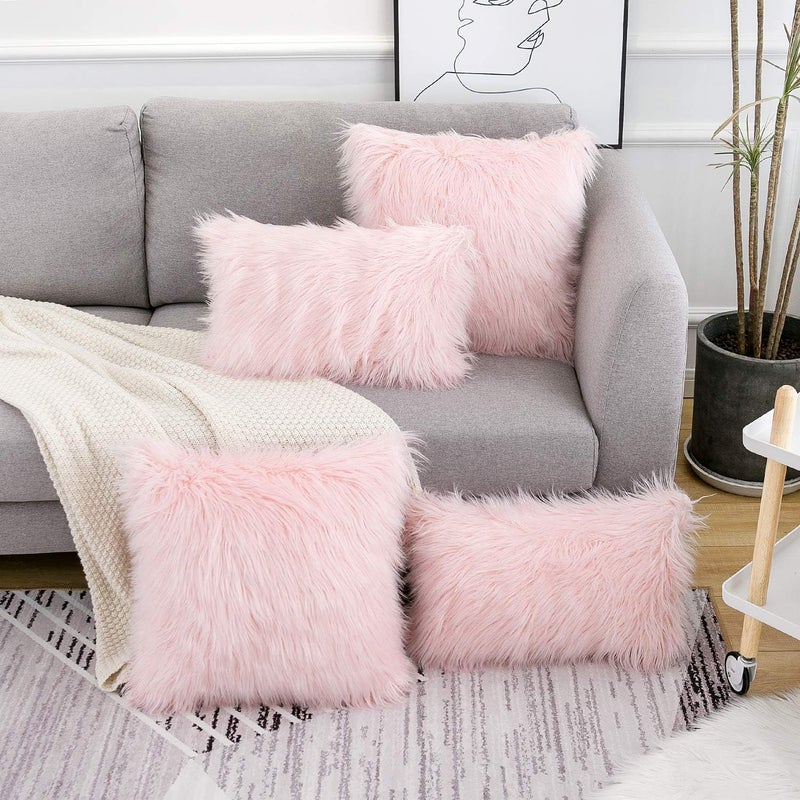 WLNUI Freeze crack proof Set of 2 Lumbar Pink Fluffy Pillow Covers New Luxury Series Merino Style Blush Faux Fur Decorative Throw Pillow Covers Fuzzy Cushion Case 12x20 Inch Flat working surface - Image 3
