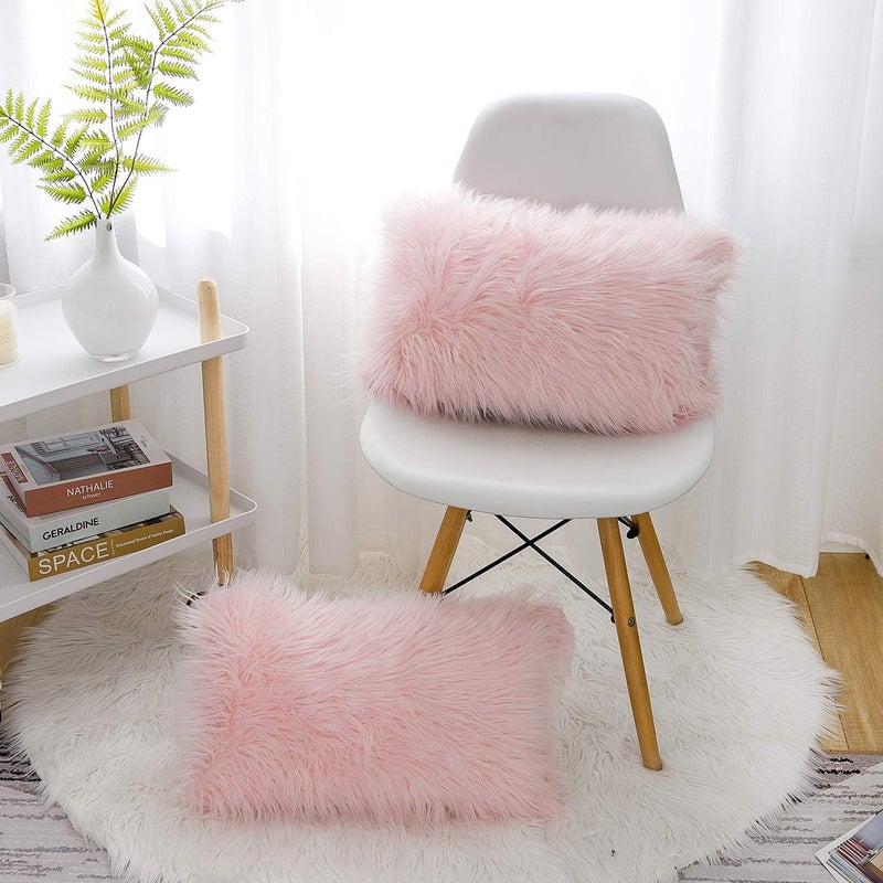 WLNUI Freeze crack proof Set of 2 Lumbar Pink Fluffy Pillow Covers New Luxury Series Merino Style Blush Faux Fur Decorative Throw Pillow Covers Fuzzy Cushion Case 12x20 Inch Flat working surface - Image 5