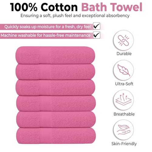 KAHAF COLLECTION 6 Pack Bath Towels Set (27 x 54 Inches) 100% Ring Spun Cotton, Lightweight, Quick Dry, Highly Absorbent Towels (Pink, (27x54) Inches) - Image 2