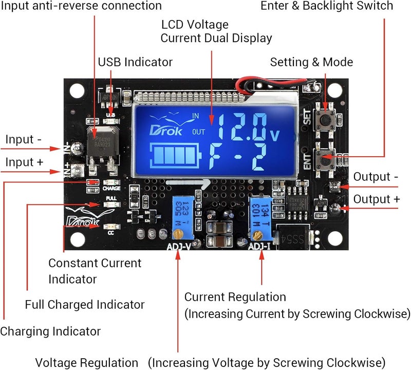 DROK Buck Boost Voltage Regulator, DROK DC 6-30V to DC 0.5-30V 5V 12V 24V Adjustable Voltage Converter, 4A 60W Power Supply Step Up Down Transformer Board Module with USB Port Case LCD Display Volt Am - Image 2