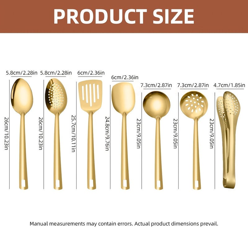 مجموعة أدوات الطهي الذهبية التجارية المصنوعة من الفولاذ المقاوم للصدأ المكونة من 8 قطع، تشمل مغرفة وملعقة وملقط. - Image 3