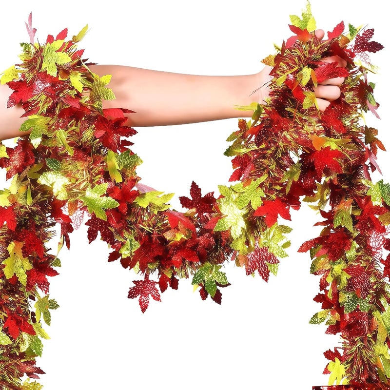 HPMAISON Thanksgiving Garland Decorations 65.6Ft Autumn Fall Maple Leaf Metallic Tinsel Garlands Red Gold Fall Leaves Hanging Glittering Foliage for Birthday Party Christmas Halloween Wedding Fireplace - Image 1