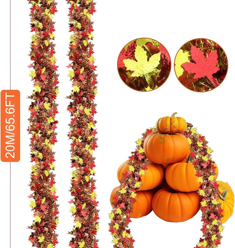 HPMAISON Thanksgiving Garland Decorations 65.6Ft Autumn Fall Maple Leaf Metallic Tinsel Garlands Red Gold Fall Leaves Hanging Glittering Foliage for Birthday Party Christmas Halloween Wedding Fireplace - Image 2