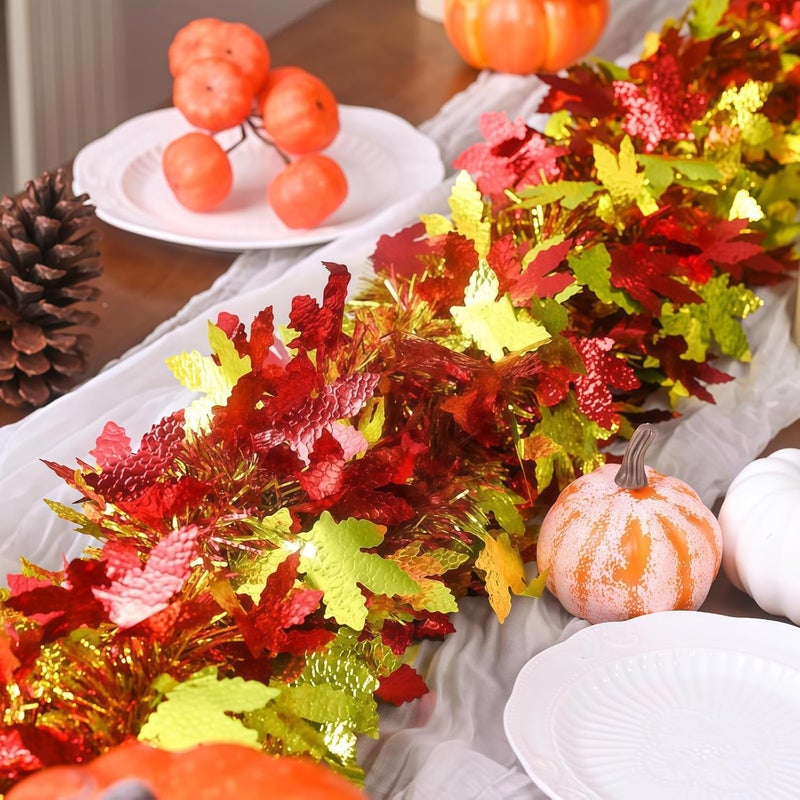 HPMAISON Thanksgiving Garland Decorations 65.6Ft Autumn Fall Maple Leaf Metallic Tinsel Garlands Red Gold Fall Leaves Hanging Glittering Foliage for Birthday Party Christmas Halloween Wedding Fireplace - Image 3