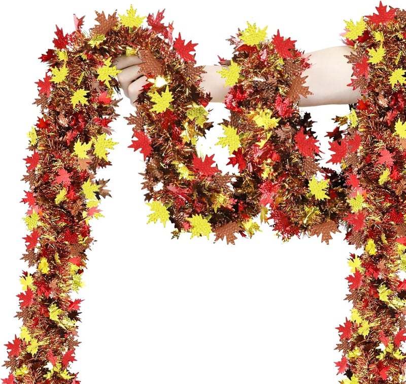 HPMAISON Thanksgiving Garland Decorations 65.6Ft Autumn Fall Maple Leaf Metallic Tinsel Garlands Red Gold Fall Leaves Hanging Glittering Foliage for Birthday Party Christmas Halloween Wedding Fireplace - Image 5