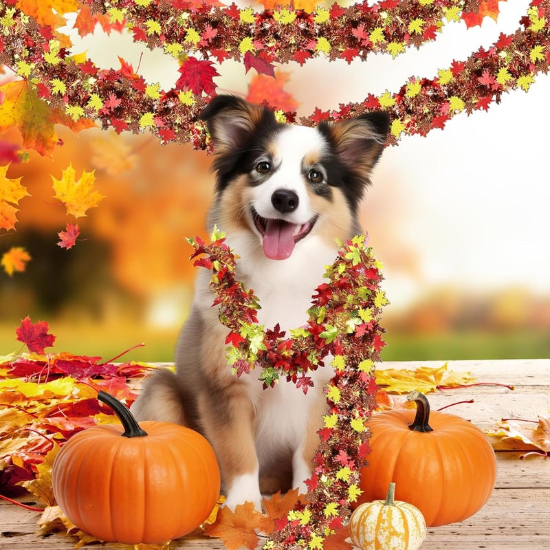 HPMAISON Thanksgiving Garland Decorations 65.6Ft Autumn Fall Maple Leaf Metallic Tinsel Garlands Red Gold Fall Leaves Hanging Glittering Foliage for Birthday Party Christmas Halloween Wedding Fireplace - Image 4
