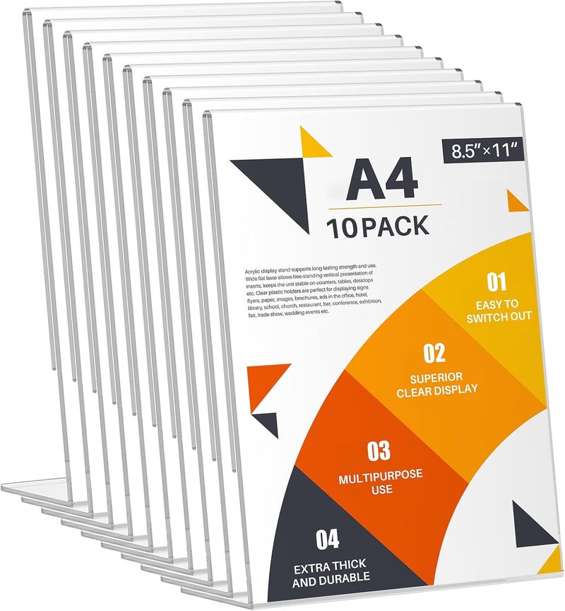 WenYa A4 Acrylic Sign Holder (10 Pack), L-Shape Perspex Display Stands, Clear Poster Leaflet Menu Holders for Office Shop Restaurant Hotel School - Image 1