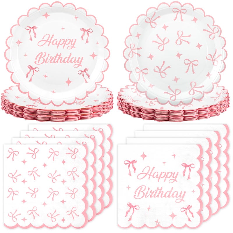 Maniaacer 100PCS Pink Bow Party Plates and Napkins Pink Bow Birthday Tableware Set Coquette Birthday Party Supplies Serve 50 Guests for Women Birthdays Girl Bachelorette Coquette Tableware Supplies - Image 1