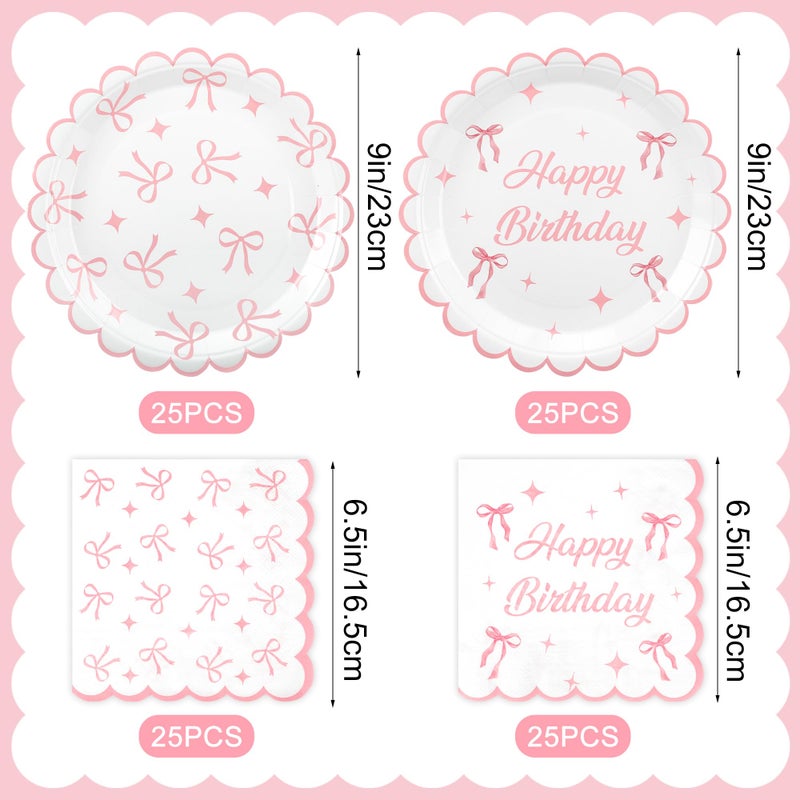 Maniaacer 100PCS Pink Bow Party Plates and Napkins Pink Bow Birthday Tableware Set Coquette Birthday Party Supplies Serve 50 Guests for Women Birthdays Girl Bachelorette Coquette Tableware Supplies - Image 2