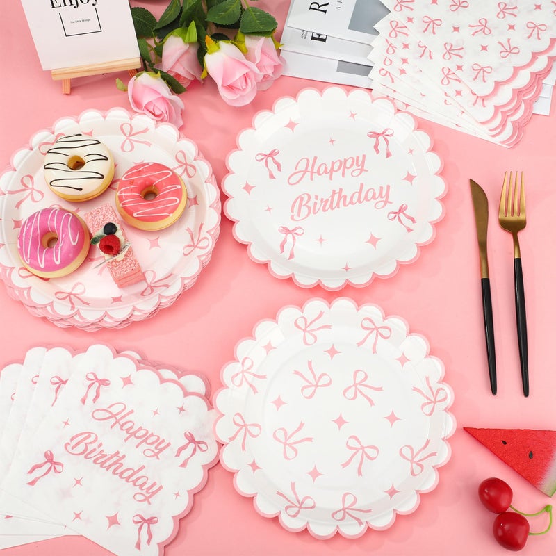 Maniaacer 100PCS Pink Bow Party Plates and Napkins Pink Bow Birthday Tableware Set Coquette Birthday Party Supplies Serve 50 Guests for Women Birthdays Girl Bachelorette Coquette Tableware Supplies - Image 5