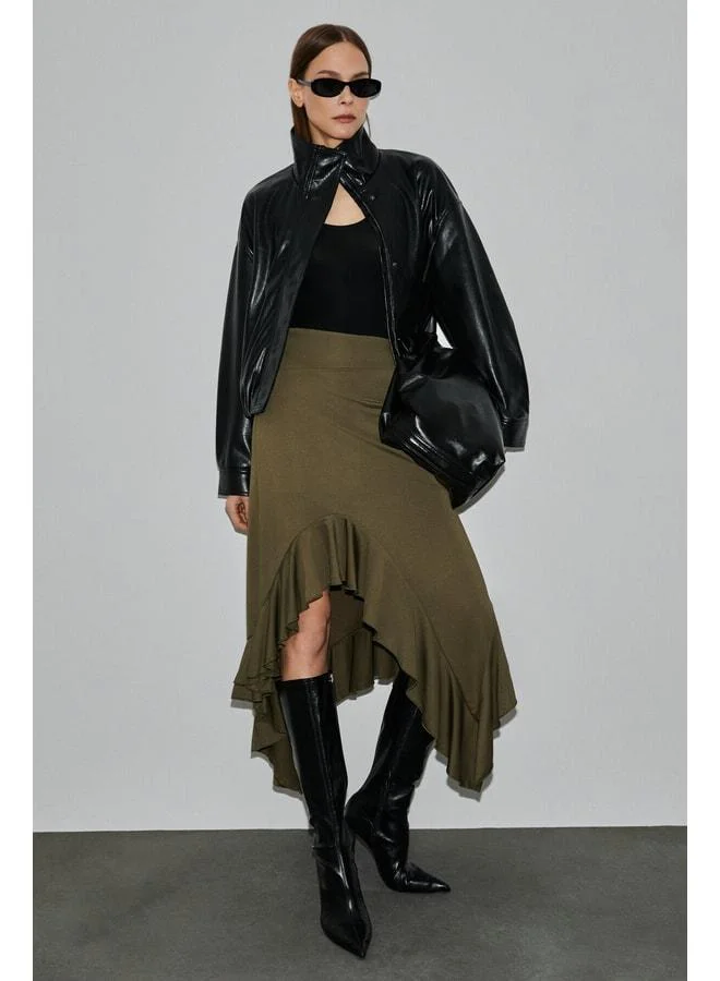GRIMELANGE ADOBRE Women's Flexible Fabric Asymmetrical Cut Khaki Skirt.