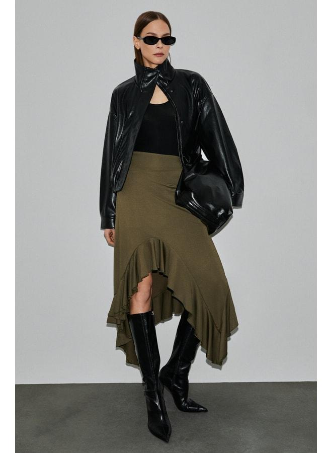 GRIMELANGE ADOBRE Women's Flexible Fabric Asymmetrical Cut Khaki Skirt. - Image 1