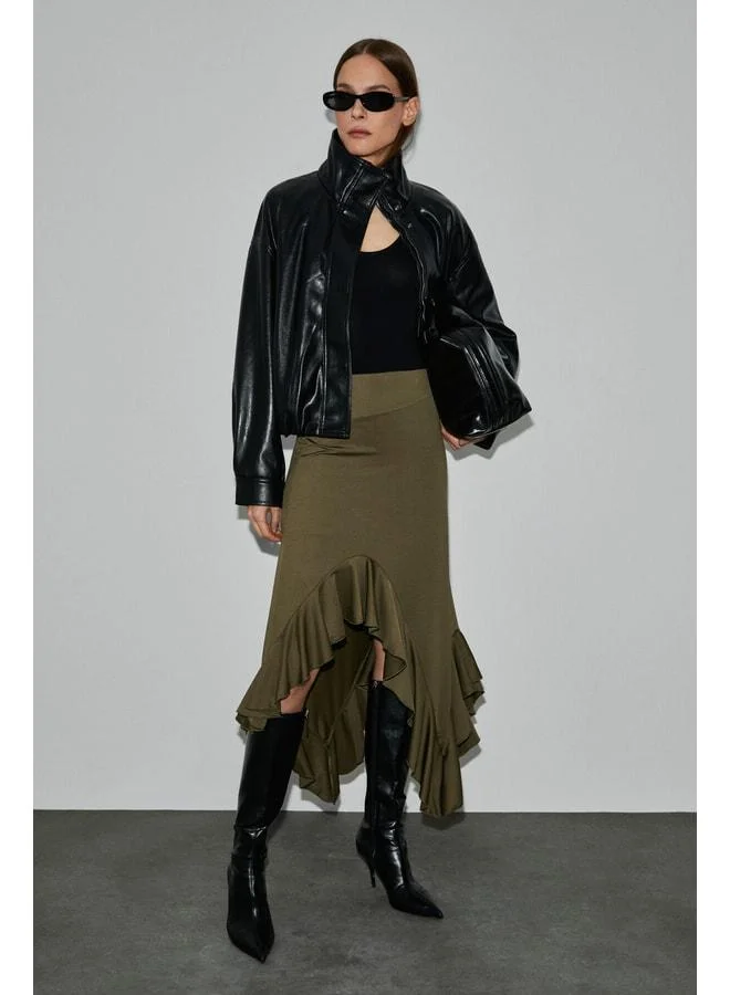 GRIMELANGE ADOBRE Women's Flexible Fabric Asymmetrical Cut Khaki Skirt.