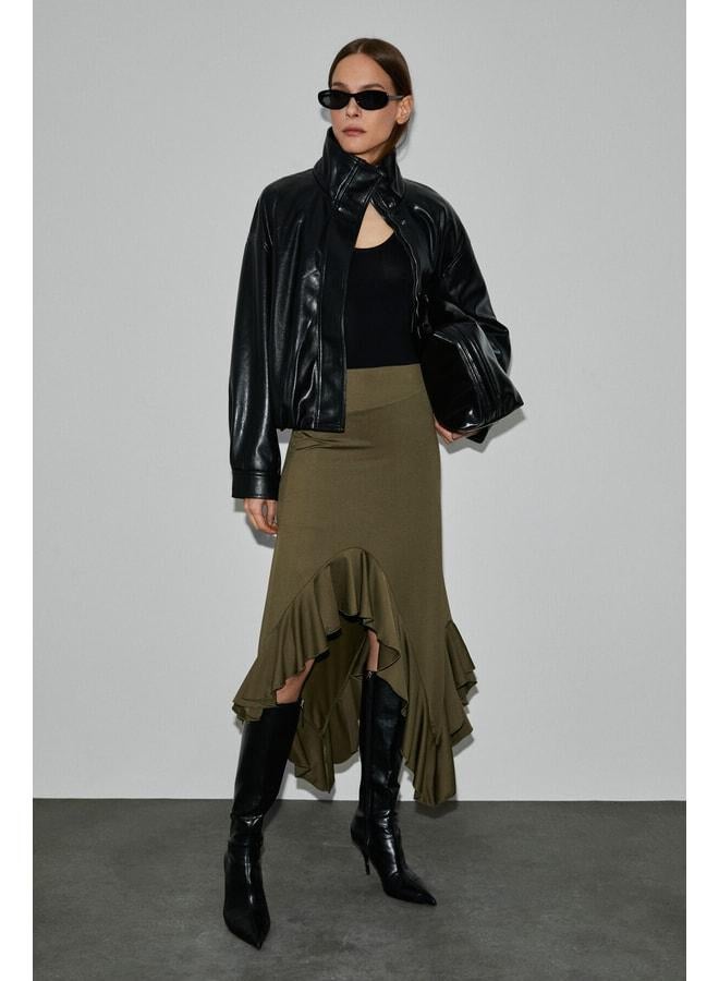 GRIMELANGE ADOBRE Women's Flexible Fabric Asymmetrical Cut Khaki Skirt. - Image 2