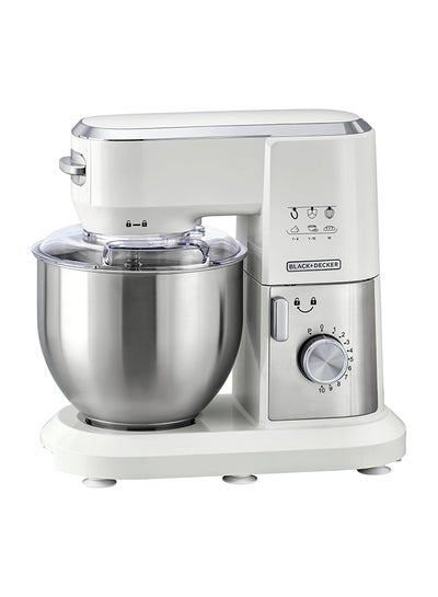 BLACK+DECKER Stand Mixer, Stainless Steel Bowl, 10 Speeds + Pulse, Planetary Action, Dough Hook, Beater, Whisk Attachments, Tilt Head, for Baking and Kneading, 6 L 1000 W MKM100-B5 White