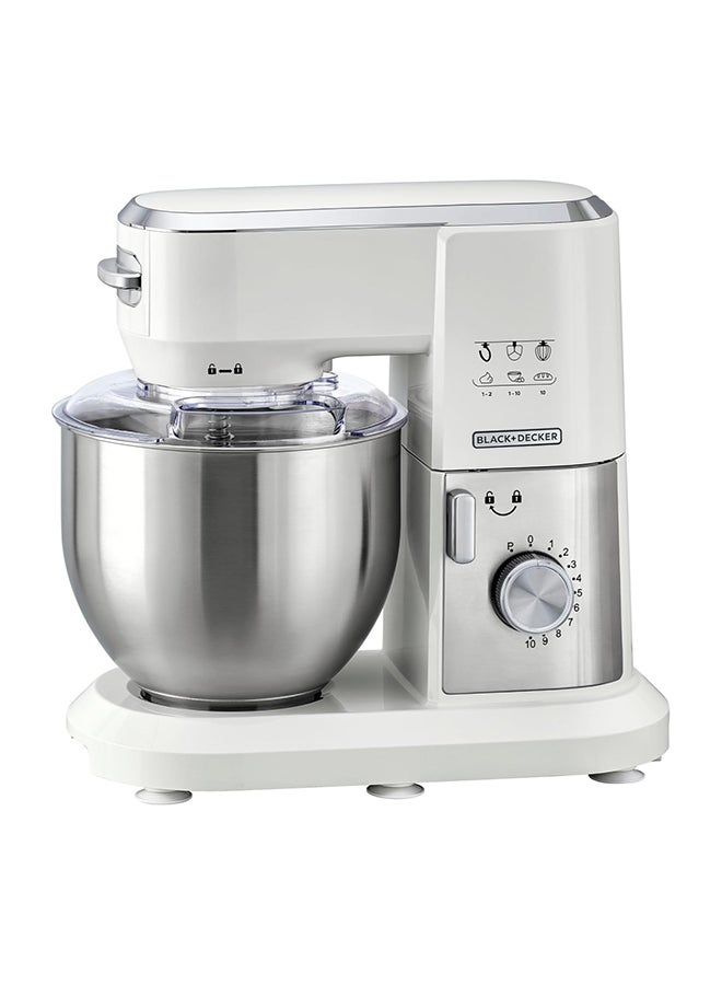 BLACK+DECKER Stand Mixer, Stainless Steel Bowl, 10 Speeds + Pulse, Planetary Action, Dough Hook, Beater, Whisk Attachments, Tilt Head, for Baking and Kneading, 6 L 1000 W MKM100-B5 White - Image 1