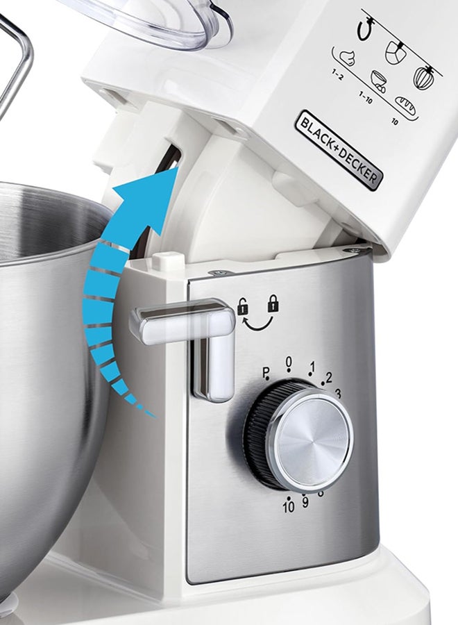 BLACK+DECKER Stand Mixer, Stainless Steel Bowl, 10 Speeds + Pulse, Planetary Action, Dough Hook, Beater, Whisk Attachments, Tilt Head, for Baking and Kneading, 6 L 1000 W MKM100-B5 White - Image 3