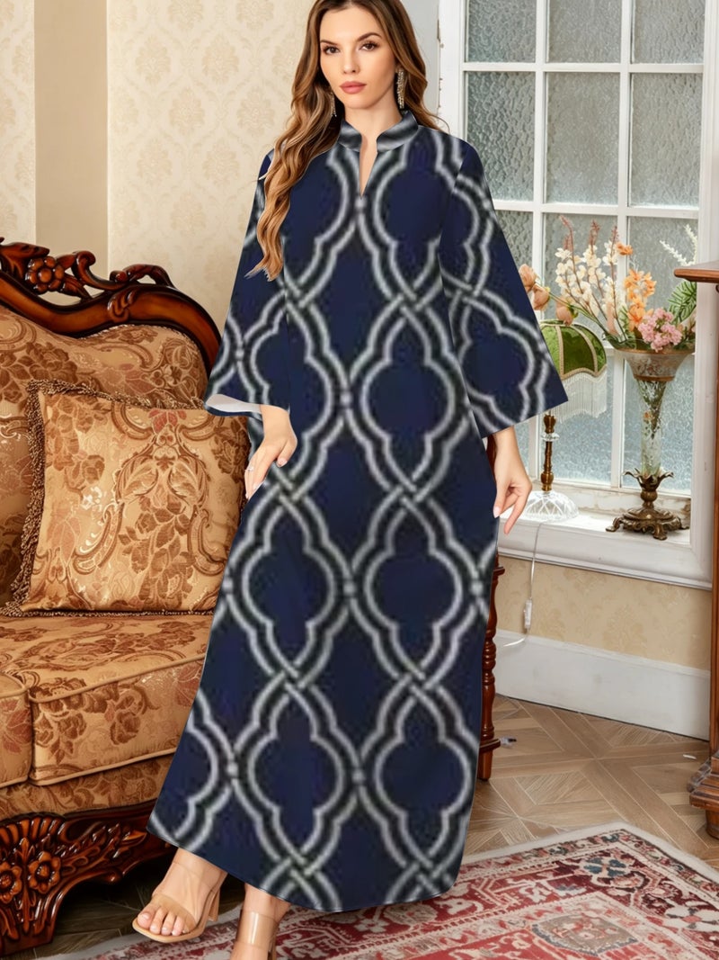 Classic Lattice Vintage Geometric Print Flare Long‑Sleeve Trendy Traditional Abaya - Image 3