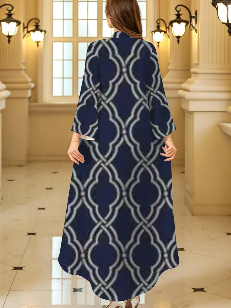 Classic Lattice Vintage Geometric Print Flare Long‑Sleeve Trendy Traditional Abaya - Image 4