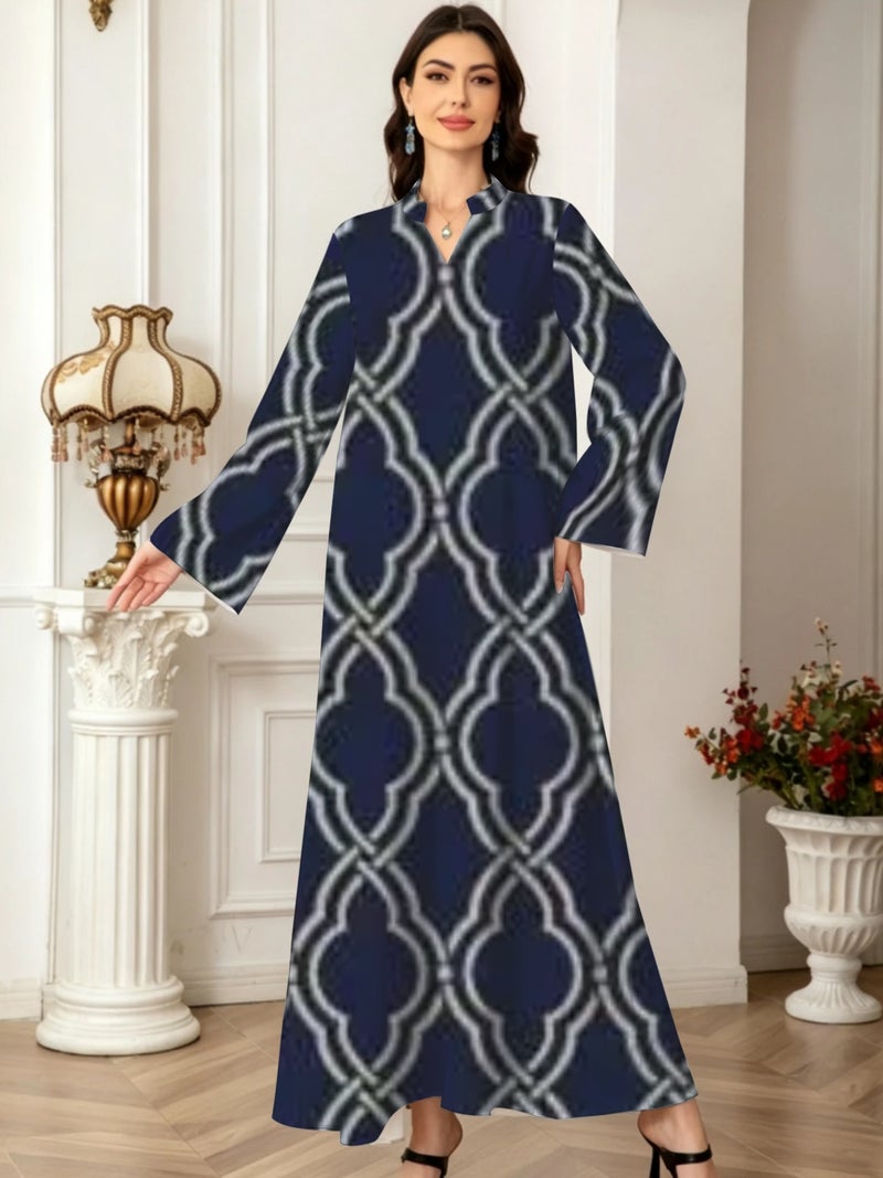 Classic Lattice Vintage Geometric Print Flare Long‑Sleeve Trendy Traditional Abaya - Image 2