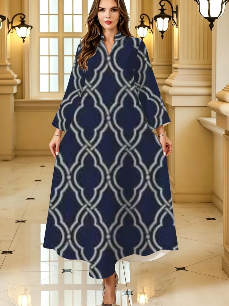 Classic Lattice Vintage Geometric Print Flare Long‑Sleeve Trendy Traditional Abaya - Image 1