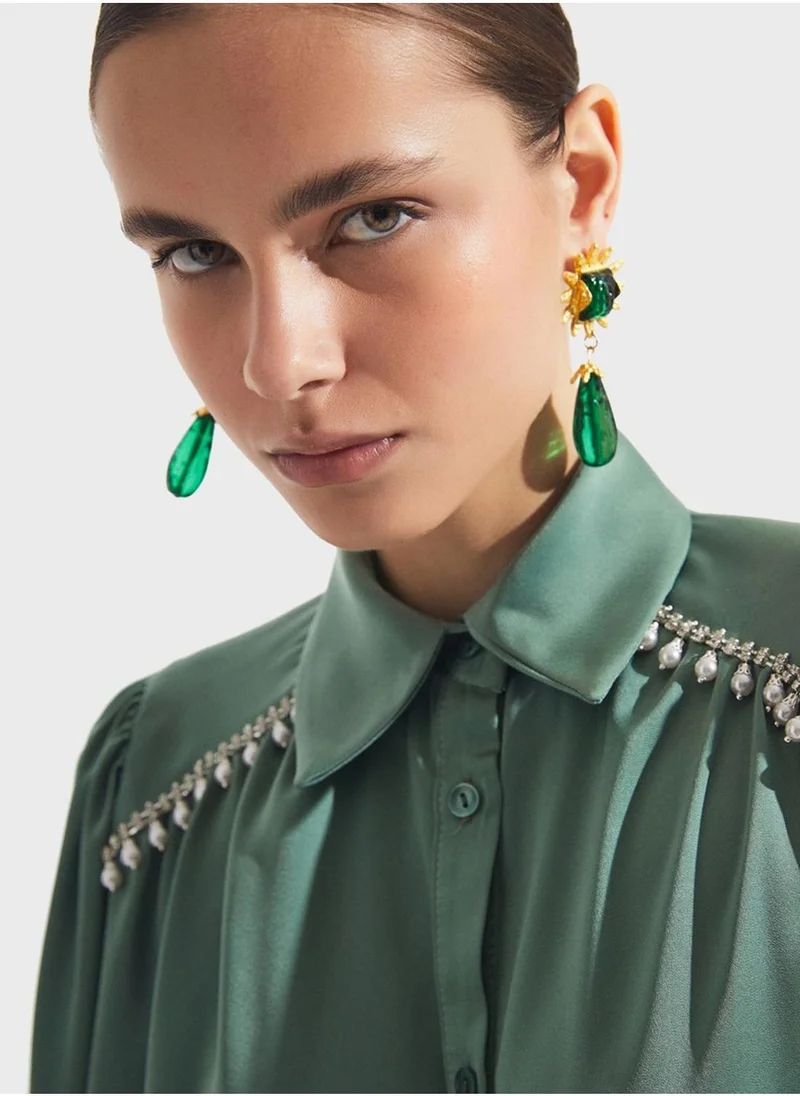 JUNE Embroidered Neck Button Down Shirt