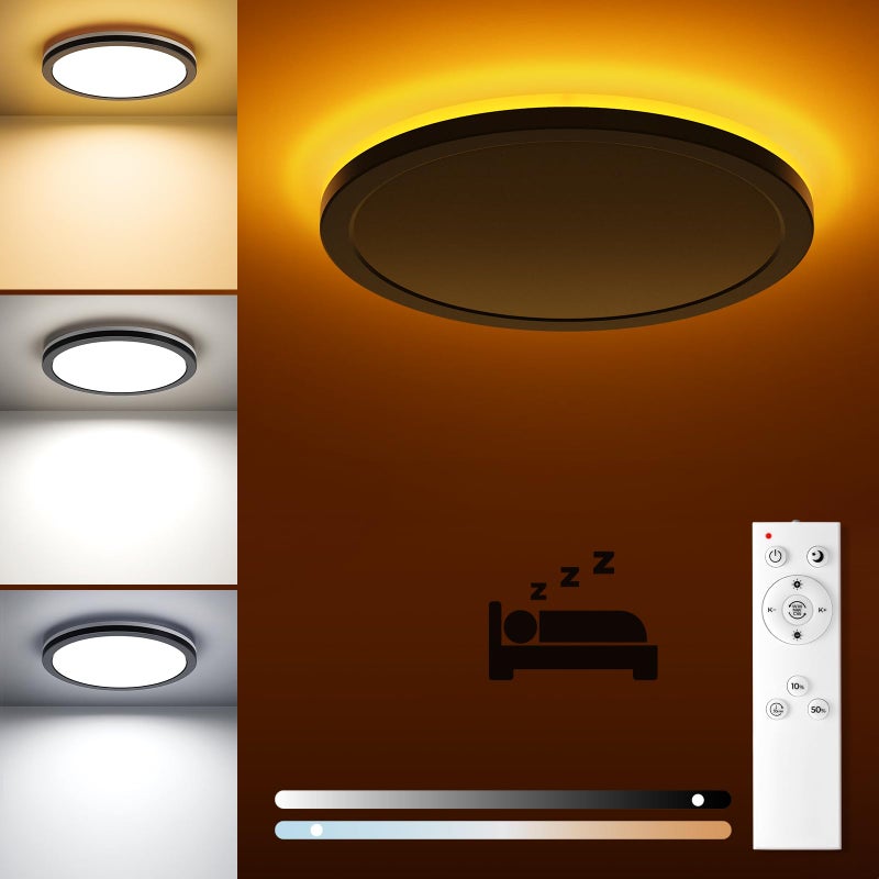 Matane Flush Mount Ceiling Light Fixture with Remote Control, Nightlight 8.7 Inch 18W 3000K-6500K Adjustable, Led Low Profile Ceiling Lights for Bedroom, Living Room,Dining Room, Kitchen, Round Black - Image 1