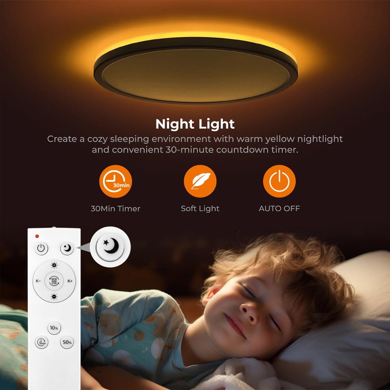Matane Flush Mount Ceiling Light Fixture with Remote Control, Nightlight 8.7 Inch 18W 3000K-6500K Adjustable, Led Low Profile Ceiling Lights for Bedroom, Living Room,Dining Room, Kitchen, Round Black - Image 4