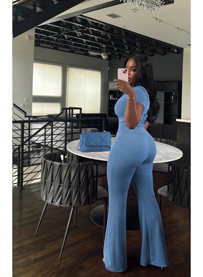 HBQ Women Two Piece Outfit Ribbed Short Sleeve V Neck Polo Top and Flare Pants Casual Lounge Sets Tracksuit, Light Blue, XL - Image 2