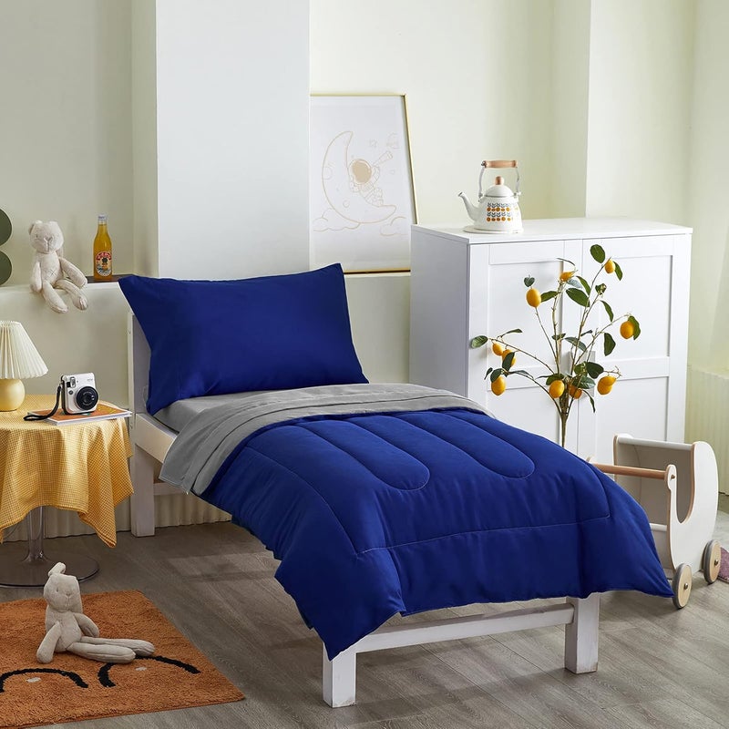 Uozzi Bedding 4 Pieces Toddler Bedding Set Ultra Soft and Breathable Toddler Sheet Set - Includes Comforter, Flat Sheet, Fitted Sheet and Pillowcase - Dark Blue & Gray - Image 4