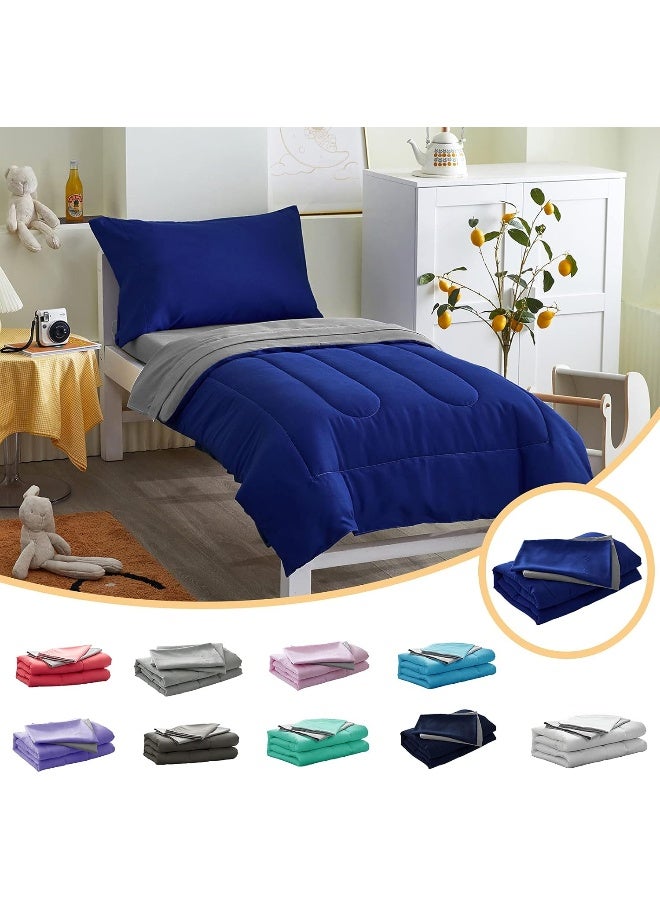 Uozzi Bedding 4 Pieces Toddler Bedding Set Ultra Soft and Breathable Toddler Sheet Set - Includes Comforter, Flat Sheet, Fitted Sheet and Pillowcase - Dark Blue & Gray - Image 1