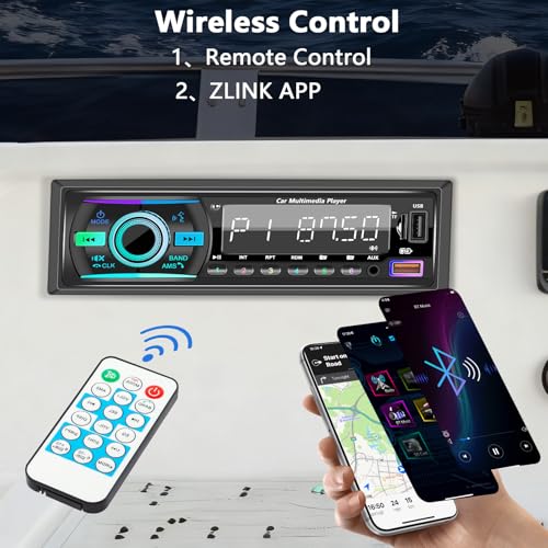 GHIOPMZ Marine Radio Single DIN Bluetooth Car Stereo, Boat Stereo Receiver Marine Head Unit with iOS/Android,Built-in Mic, Digital LCD, RCA, MP3, FM, EQ, Aux-in, USB, TF Card & APP Remote - Image 3