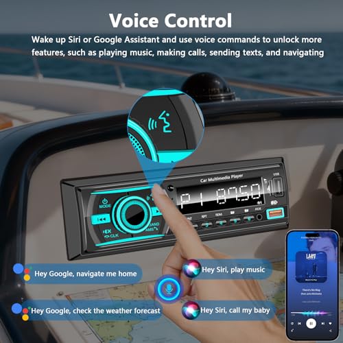 GHIOPMZ Marine Radio Single DIN Bluetooth Car Stereo, Boat Stereo Receiver Marine Head Unit with iOS/Android,Built-in Mic, Digital LCD, RCA, MP3, FM, EQ, Aux-in, USB, TF Card & APP Remote - Image 4