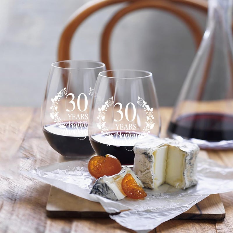 Perfectinsoy 30 Years Happy Anniversary Wine Glass Set of 2, 30th Anniversary Wedding Gift For Mom, Dad, Wife, Soulmate, Couple, Funny Vintage Unique Personalized, 30 Years Gifts - Image 3
