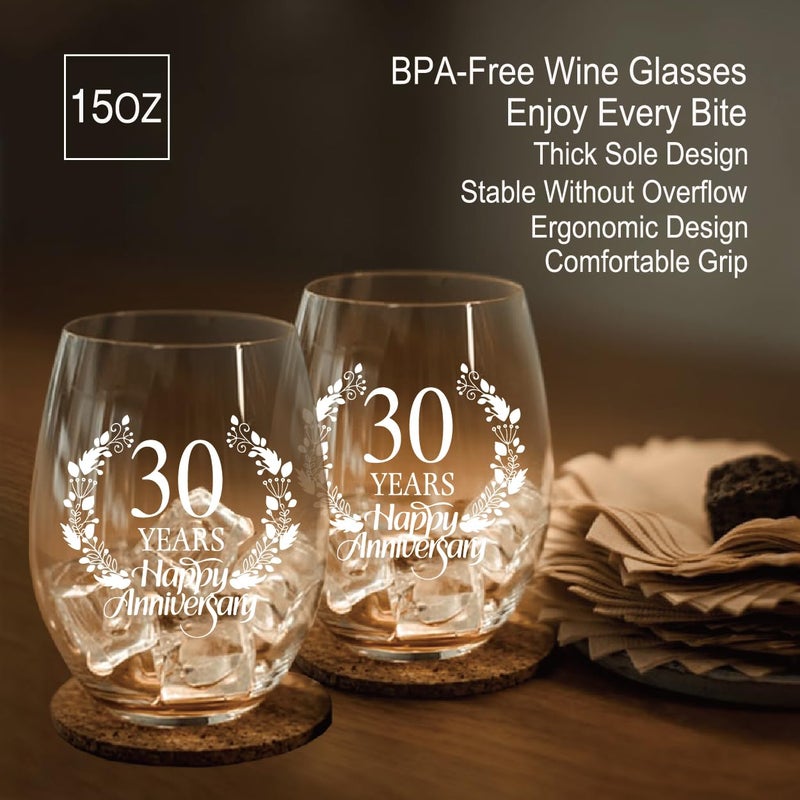 Perfectinsoy 30 Years Happy Anniversary Wine Glass Set of 2, 30th Anniversary Wedding Gift For Mom, Dad, Wife, Soulmate, Couple, Funny Vintage Unique Personalized, 30 Years Gifts - Image 4