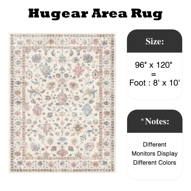 HUGEAR Area Rug 8x10 Vintage Colorful Machine Washable Living Room Rugs Distressed Retro Floral Vacuumable Low Pile Carpet Bedroom Office Dining Farmhouse Playroom Non Slip - Image 2