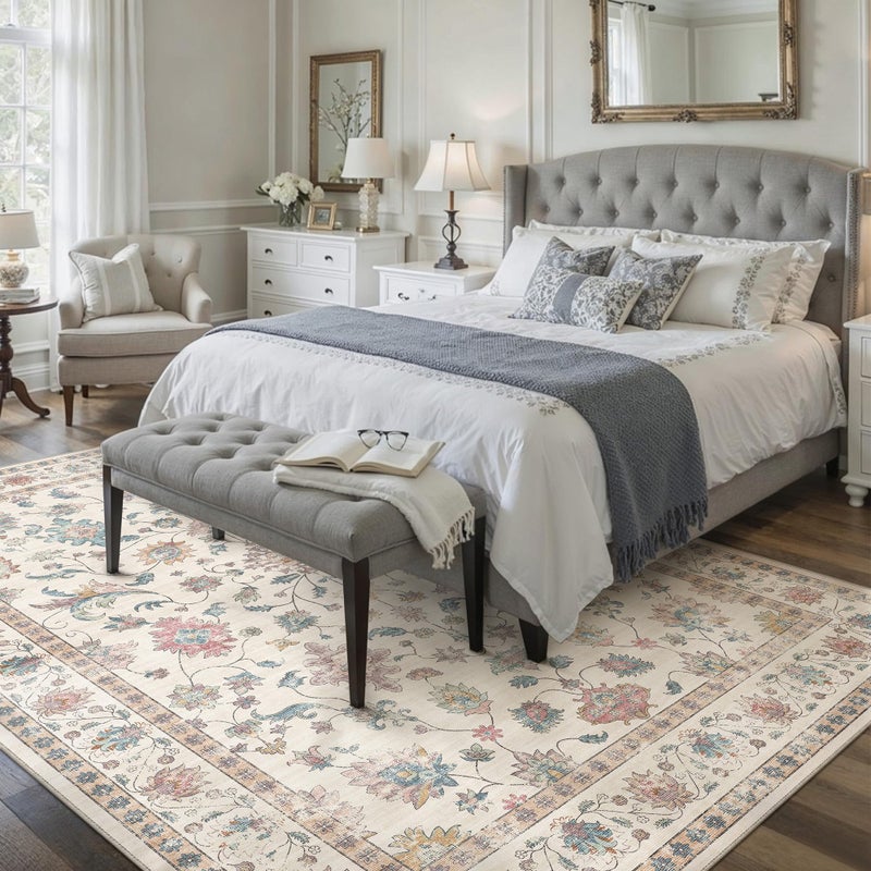 HUGEAR Area Rug 8x10 Vintage Colorful Machine Washable Living Room Rugs Distressed Retro Floral Vacuumable Low Pile Carpet Bedroom Office Dining Farmhouse Playroom Non Slip - Image 4