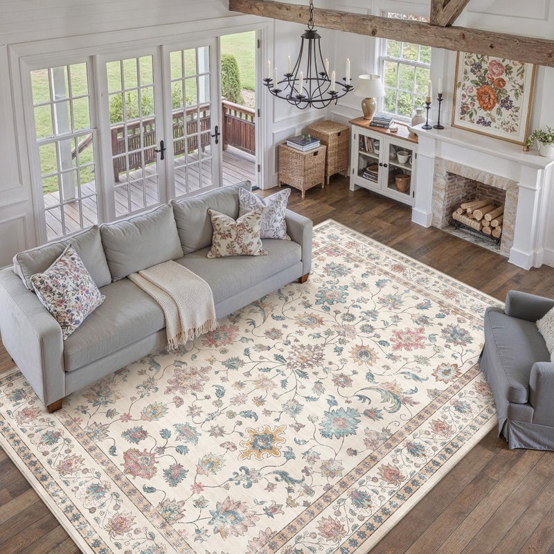 HUGEAR Area Rug 8x10 Vintage Colorful Machine Washable Living Room Rugs Distressed Retro Floral Vacuumable Low Pile Carpet Bedroom Office Dining Farmhouse Playroom Non Slip - Image 3