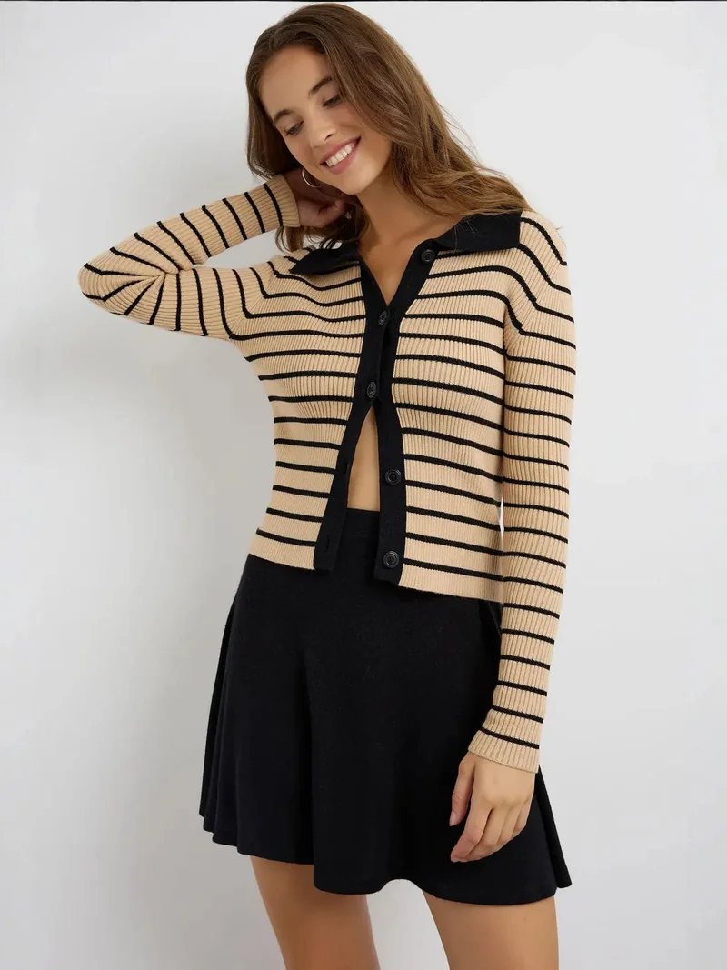 Striped Buttoned Polo-Neck Cardigan