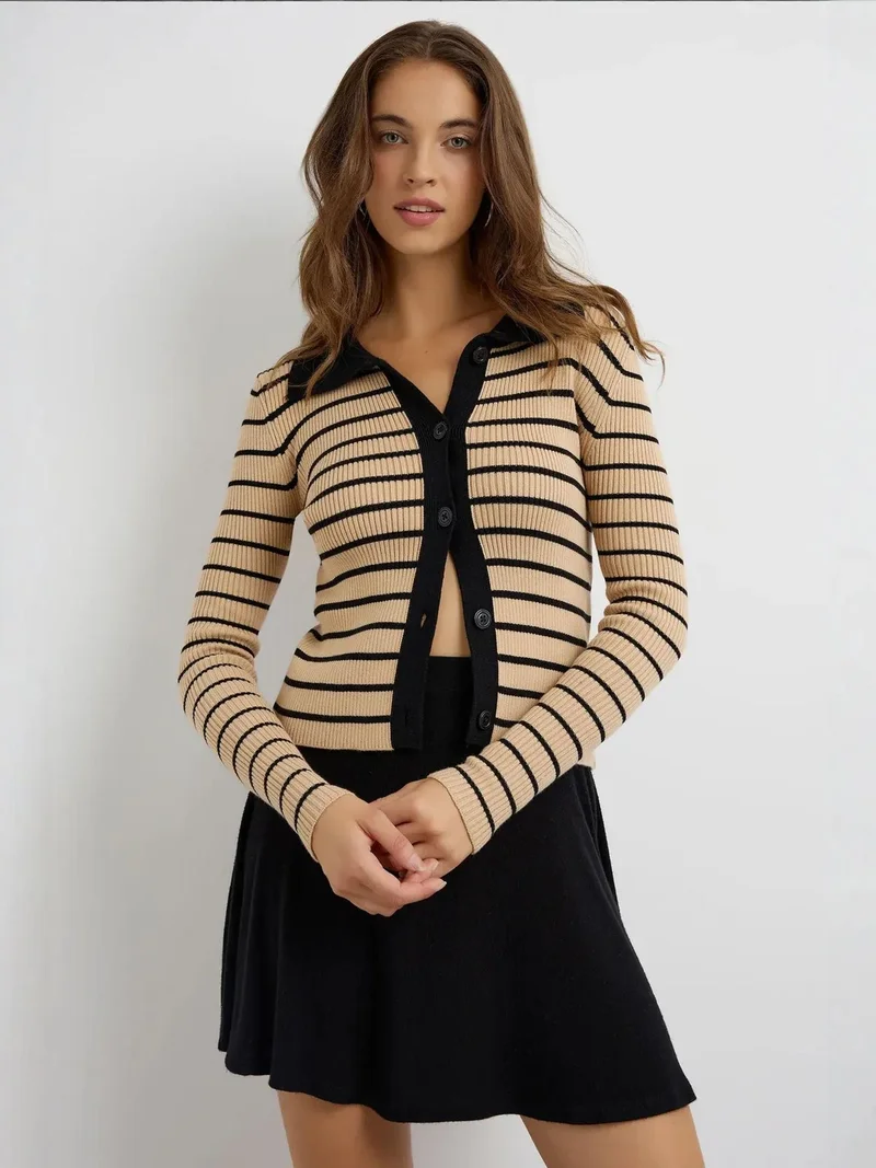 Hiccup Natural Striped Buttoned Polo-Neck Cardigan for Women | Best Price UAE