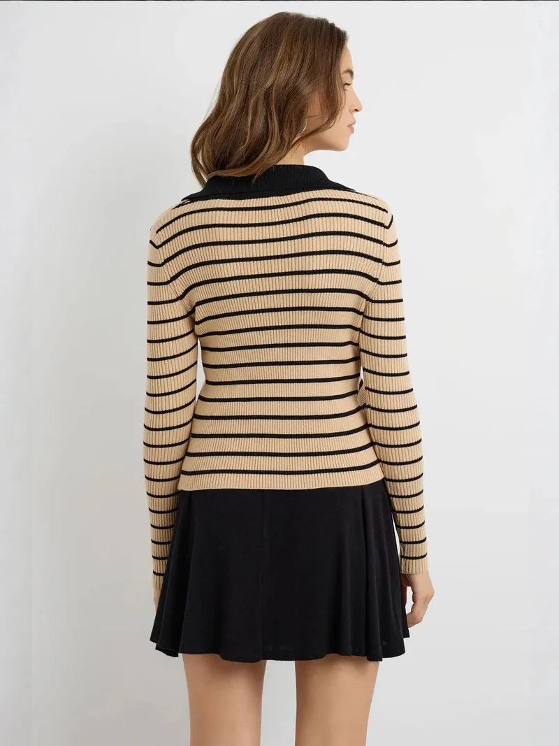 Hiccup Natural Striped Buttoned Polo-Neck Cardigan for Women | Best Price UAE