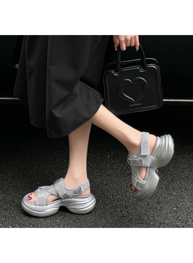 Petite Platform Sports Sandals For Women, Summer Open-toe Rhinestone Hook-and-loop Sandals - Image 2